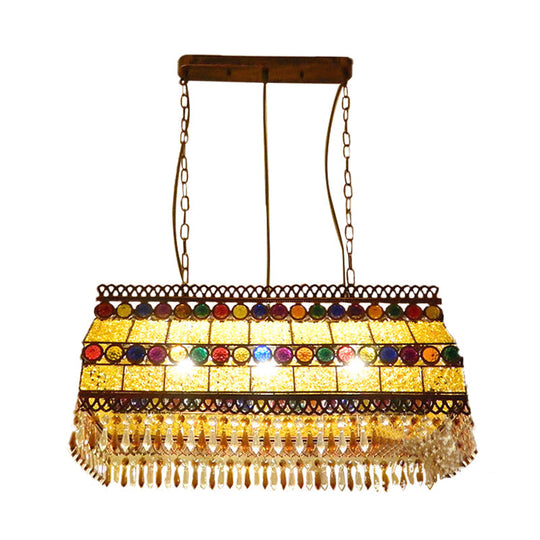 Southeast Asian Crystal Drop Rectangle Living Room Pendant Light With 3 Yellow Island Heads
