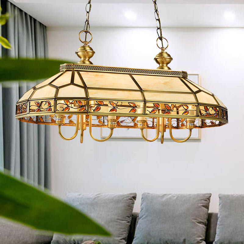 Faceted Island Lighting Fixture - 6-Headed White Glass Pendant Ceiling Light In Gold Colonial Style
