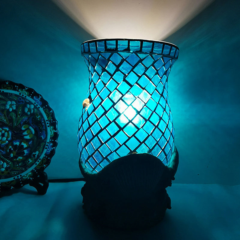 Light Blue Glass Desk With Shell Accent - Moroccan Style For Bedroom Task Lighting