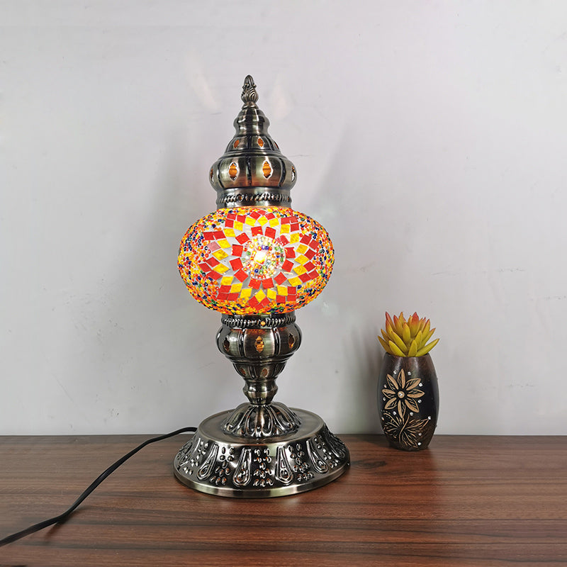 Moroccan-Style Stained Glass Night Light Sphere Table Lamp With Metal Base Bronze