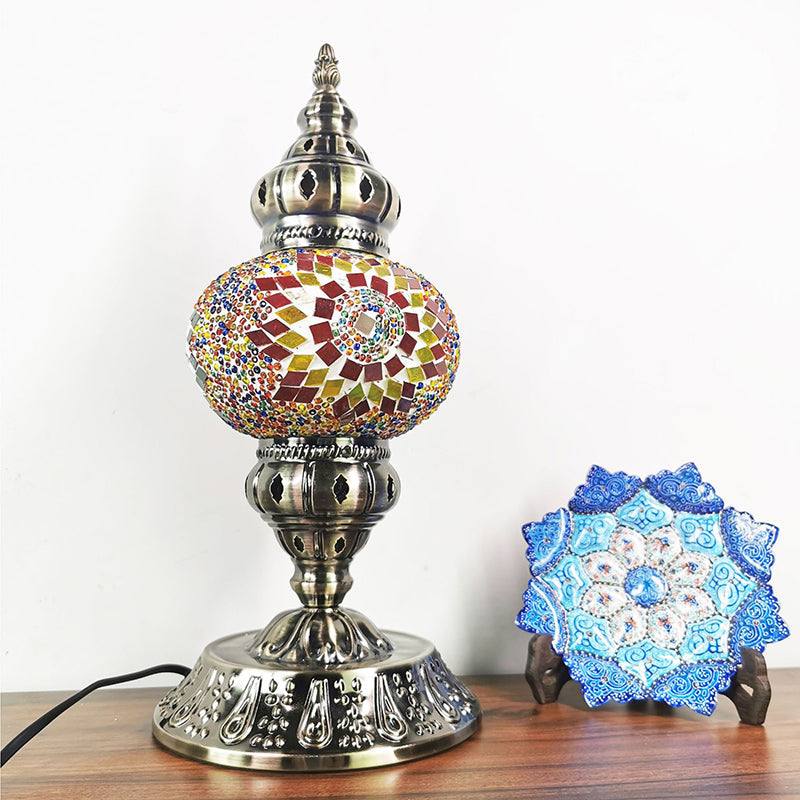 Moroccan-Style Stained Glass Night Light Sphere Table Lamp With Metal Base