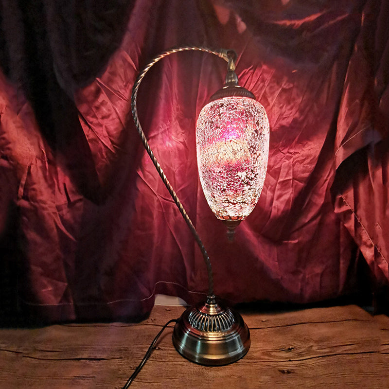 Vintage Stained Glass Night Light Table Lamp With Curved Arm In Bronze