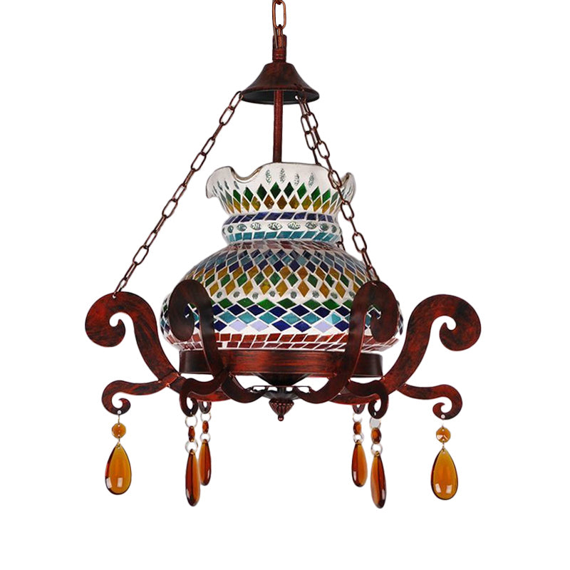 Moroccan Style Weathered Copper Pendant Vase: Stained Glass Hanging Light Kit