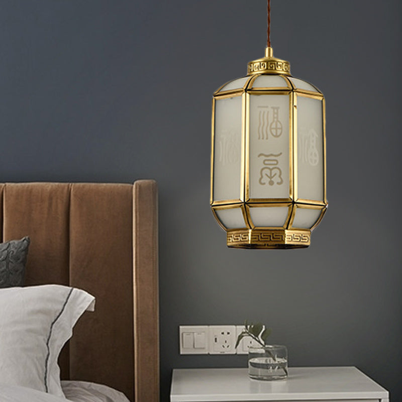 Classic Metal Lantern Corridor Drop Pendant: Brass Hanging Lamp With Frosted Glass Shade