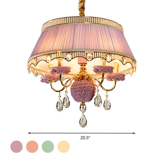 Modern Scalloped Chandelier: 5 Heads Pink/Blue/Purple Fabric Hanging Ceiling Light with Crystal Drops