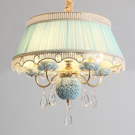 Modern Scalloped Chandelier: 5 Heads Pink/Blue/Purple Fabric Hanging Ceiling Light with Crystal Drops