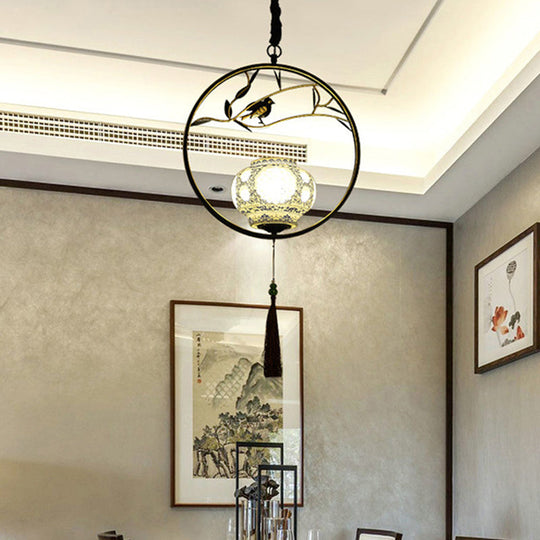Traditional Black/Gold Metal Birdcage Pendant Light For Tea Room - 1-Light Suspension Ceiling