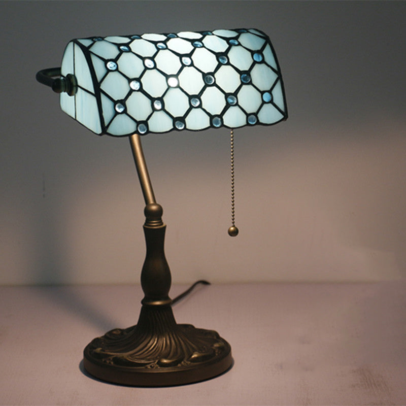 Mediterranean Beige/Blue Glass Jeweled Night Table Lamp With Black Nightstand For Bedroom