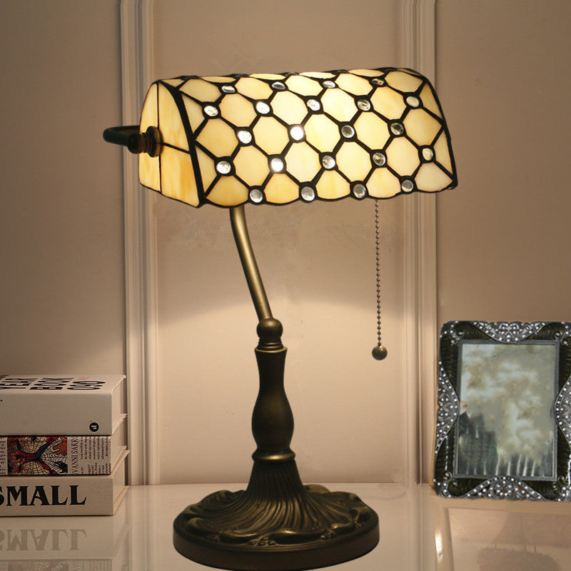 Mediterranean Beige/Blue Glass Jeweled Night Table Lamp With Black Nightstand For Bedroom Beige