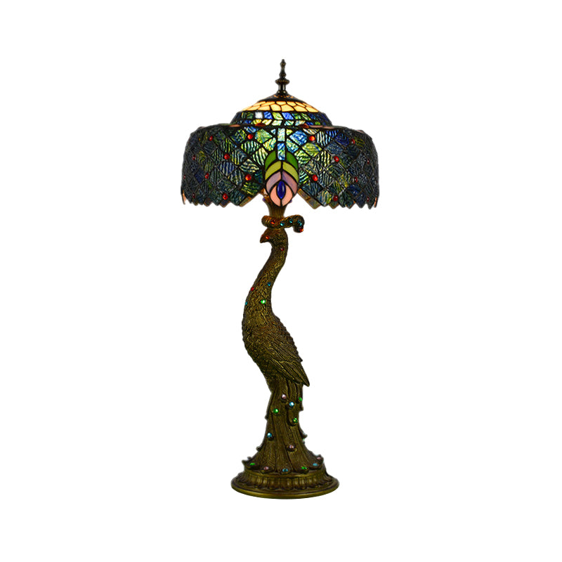Tiffany Style Stained Glass Peacock Feather Night Table Light - Brass Finish