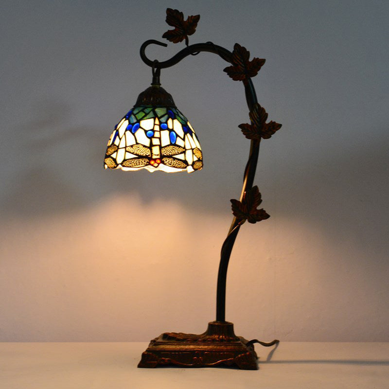 Mediterranean Rose/White Dragonfly Nightstand Lamp With Bridge Arm - Stained Glass Single Head Brown