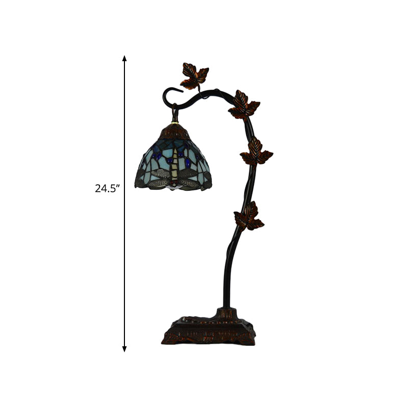 Mediterranean Rose/White Dragonfly Nightstand Lamp With Bridge Arm - Stained Glass Single Head Brown