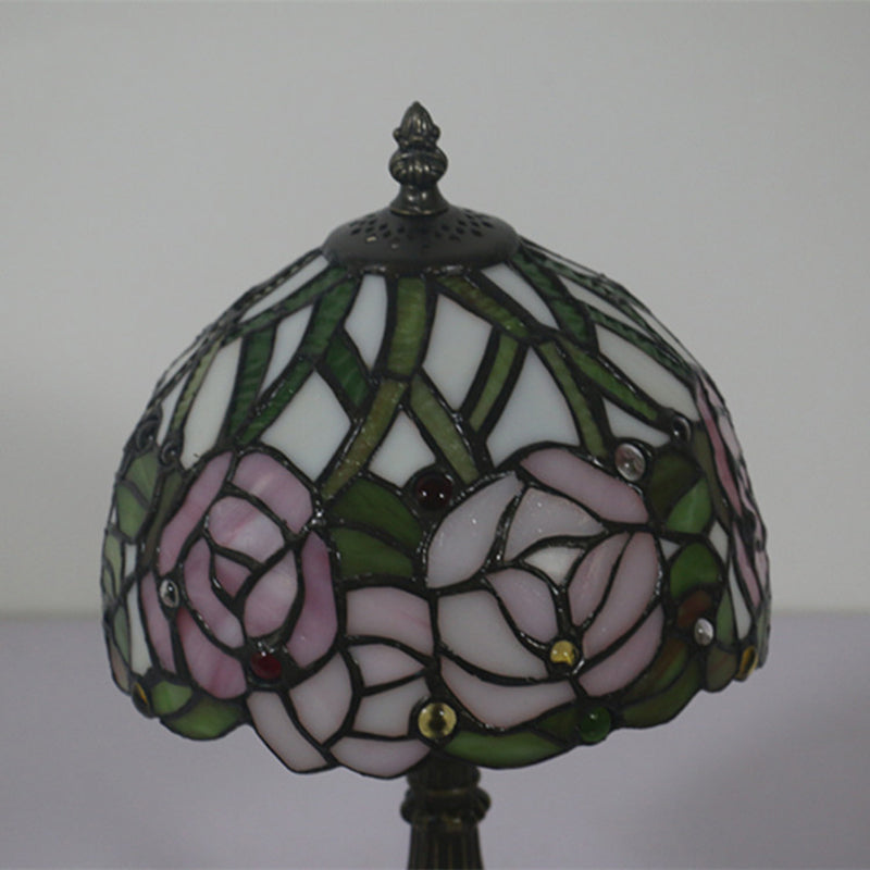Antique Brass Single Head Night Table Lamp With Mediterranean Stained Glass In Pink Rose/Red