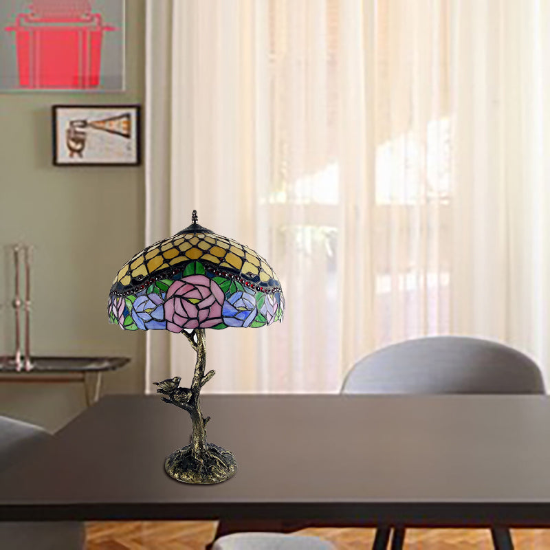 Brass Table Lamp: Stained Glass Leaf/Rose/Peony Tiffany Style Perfect For Bedroom Nightstand