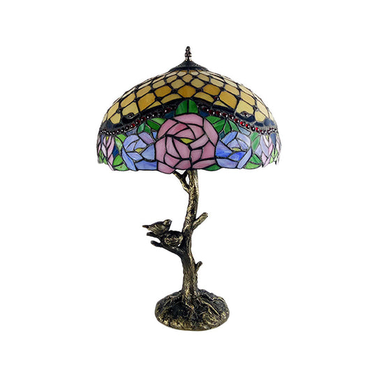 Brass Table Lamp: Stained Glass Leaf/Rose/Peony Tiffany Style Perfect For Bedroom Nightstand