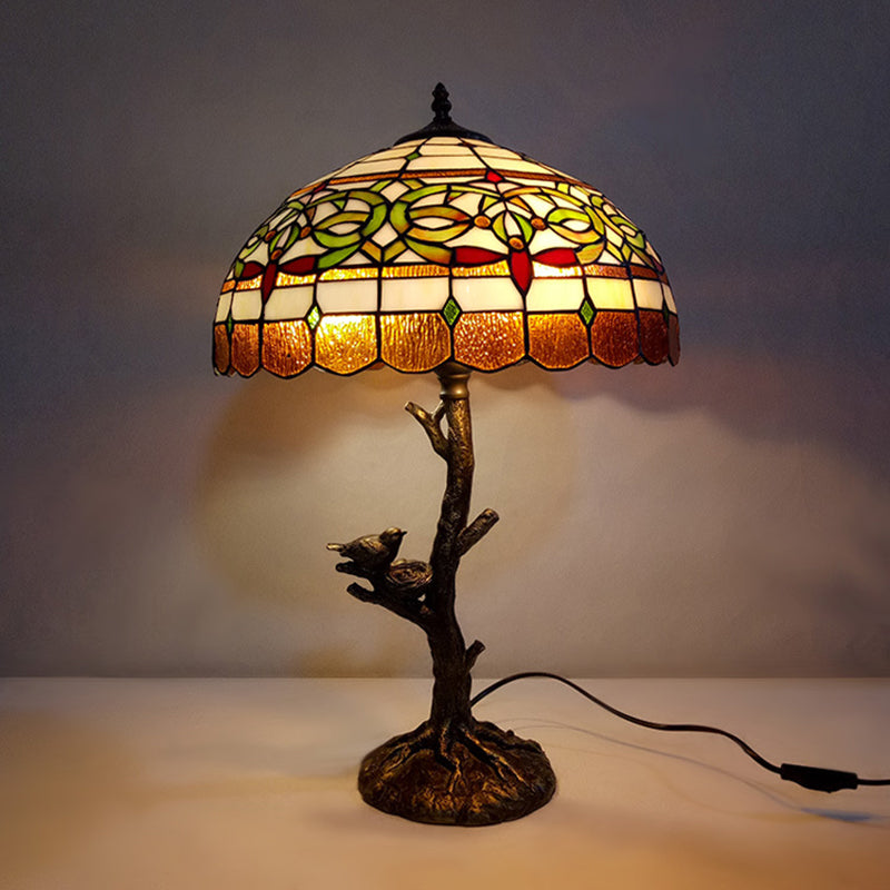 Brass Table Lamp: Stained Glass Leaf/Rose/Peony Tiffany Style Perfect For Bedroom Nightstand / Leaf