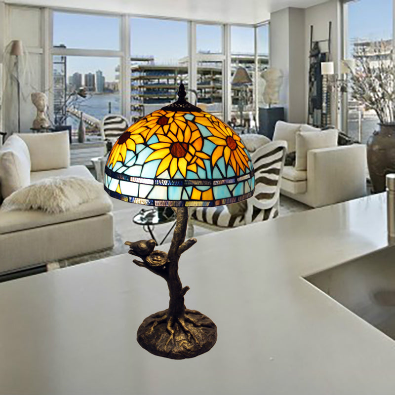 Mediterranean Stained Glass Table Lamp: Sunflower Design Antique Brass 1 Light