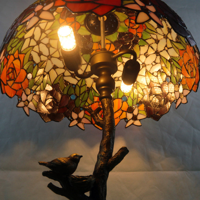 Antique Brass Single Light Nightstand Lamp With Stained Glass Rose Dragonfly And Victorian Design