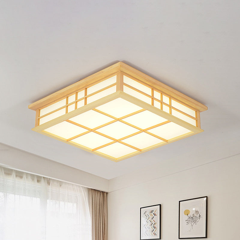 Japanese Style Led Wood Square Grille Ceiling Light In Warm/White - Beige Color / Warm