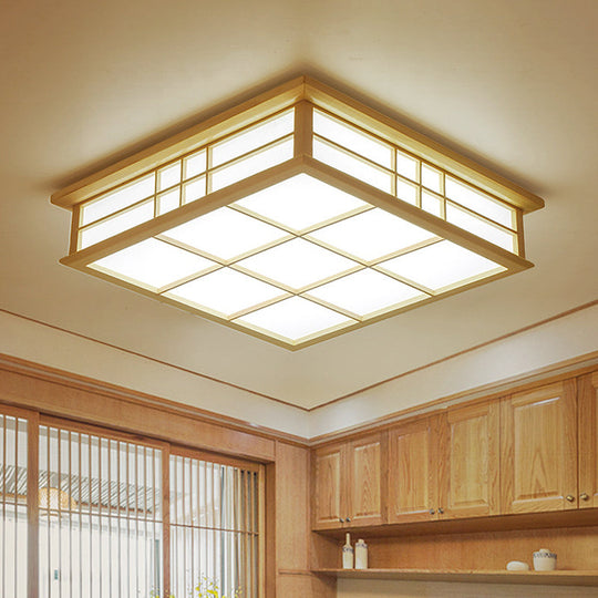 Japanese Style Led Wood Square Grille Ceiling Light In Warm/White - Beige Color / White