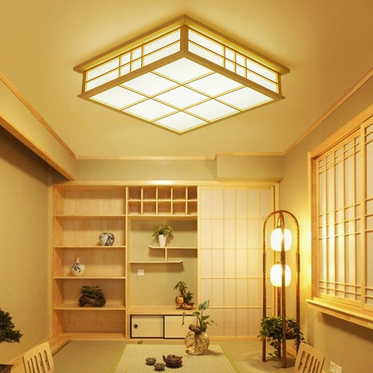 Japanese Style Led Wood Square Grille Ceiling Light In Warm/White - Beige Color