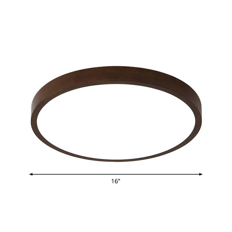 Sleek Brown Round Ceiling Flush Light - 12/16/19.5 Wide Nordic Led Wooden Flushmount In