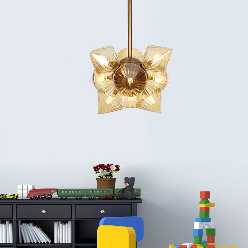 Contemporary Chrome Diamond Chandelier Lamp - 9/12 Bulb Amber Glass Ceiling Fixture