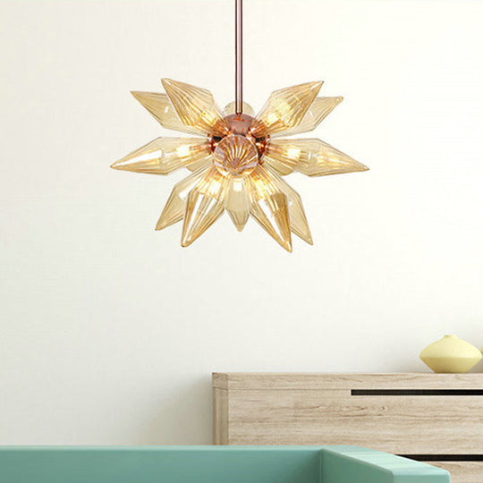 Modern 9/12-Head Amber Glass Diamond Chandelier Pendant Light in Rose Gold – Ideal for Living Room Ceiling