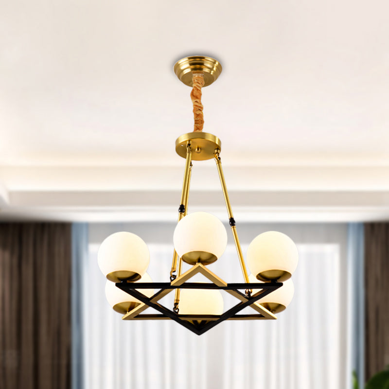 Postmodern Polygon Metal Chandelier 6/8 Heads - Brass Hanging Ceiling Light With White Globe Glass