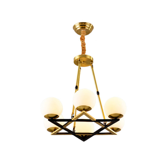 Postmodern Polygon Metal Chandelier 6/8 Heads - Brass Hanging Ceiling Light With White Globe Glass