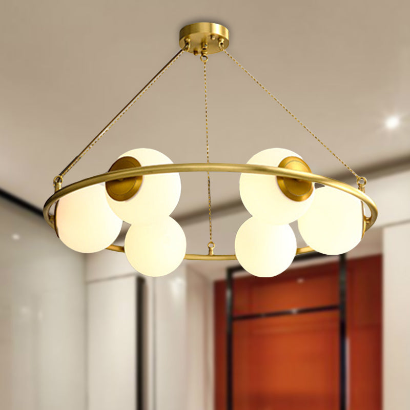Postmodern Metal Chandelier With Globe Frosted Glass Shades - 6/8 Lights Brass Hanging Lamp 6 /