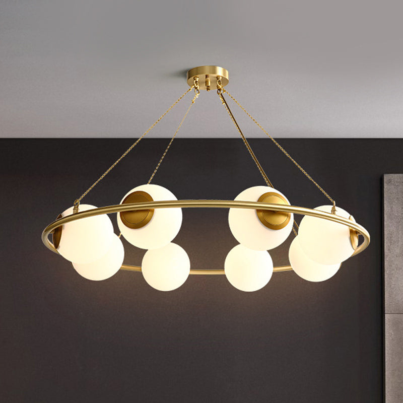 Postmodern Metal Chandelier With Globe Frosted Glass Shades - 6/8 Lights Brass Hanging Lamp 8 /