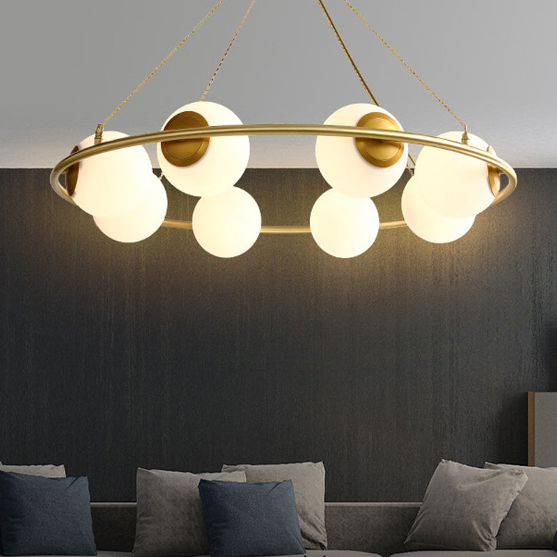 Postmodern Metal Chandelier With Globe Frosted Glass Shades - 6/8 Lights Brass Hanging Lamp