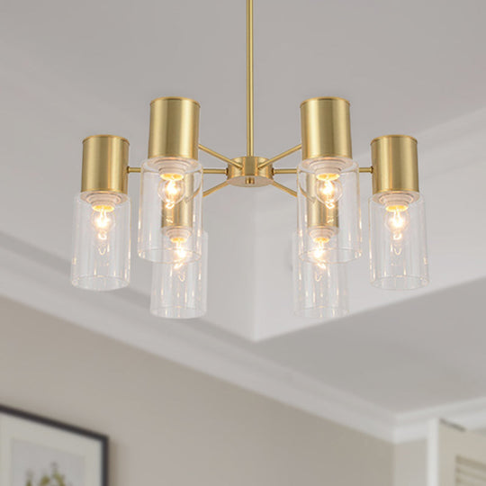 Postmodern Clear Glass Cylinder Chandelier Kit With 6/8/10 Brass Hanging Lamps 6 /