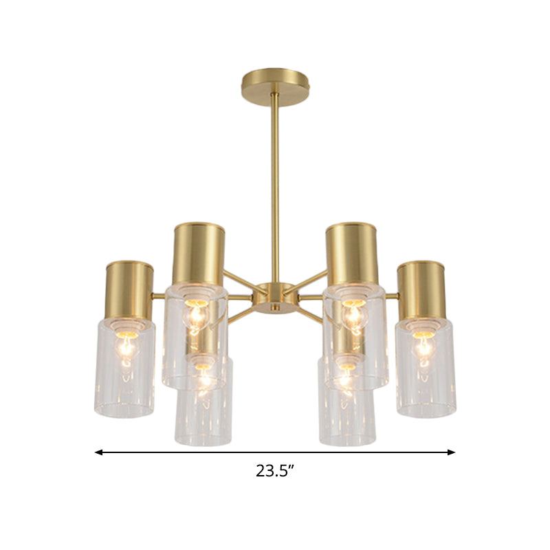 Modern Clear Glass Cylinder Hanging Lamp Kit - 6/8/10 Heads Brass Chandelier Fixture