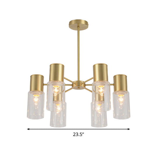 Modern Clear Glass Cylinder Hanging Lamp Kit - 6/8/10 Heads Brass Chandelier Fixture