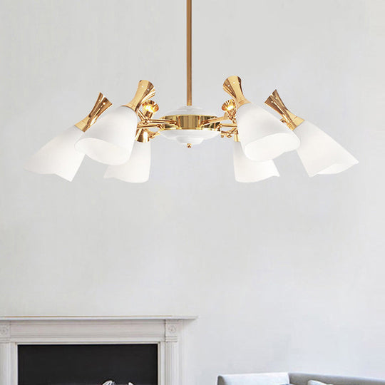 Modern Cone Frosted Glass Hanging Lamp: 6/8 Lights Gold Chandelier Fixture in Warm/White Light