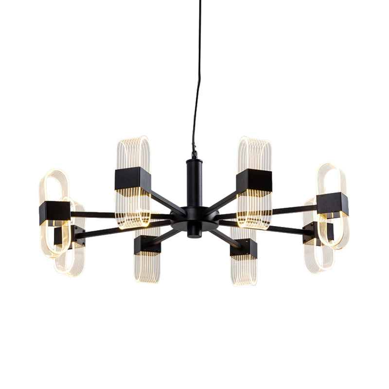 Modern Oval Chandelier Light - Acrylic 6/8/12 Heads Living Room Hanging Lamp with Black Rod - Warm/White Light