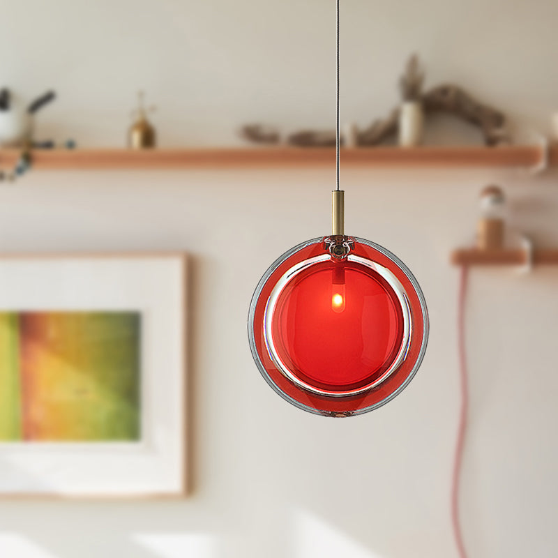 Macaron Red Glass Hanging Lamp: Sleek Round Pendant for Bedroom, includes 1 Light - Easy Installation