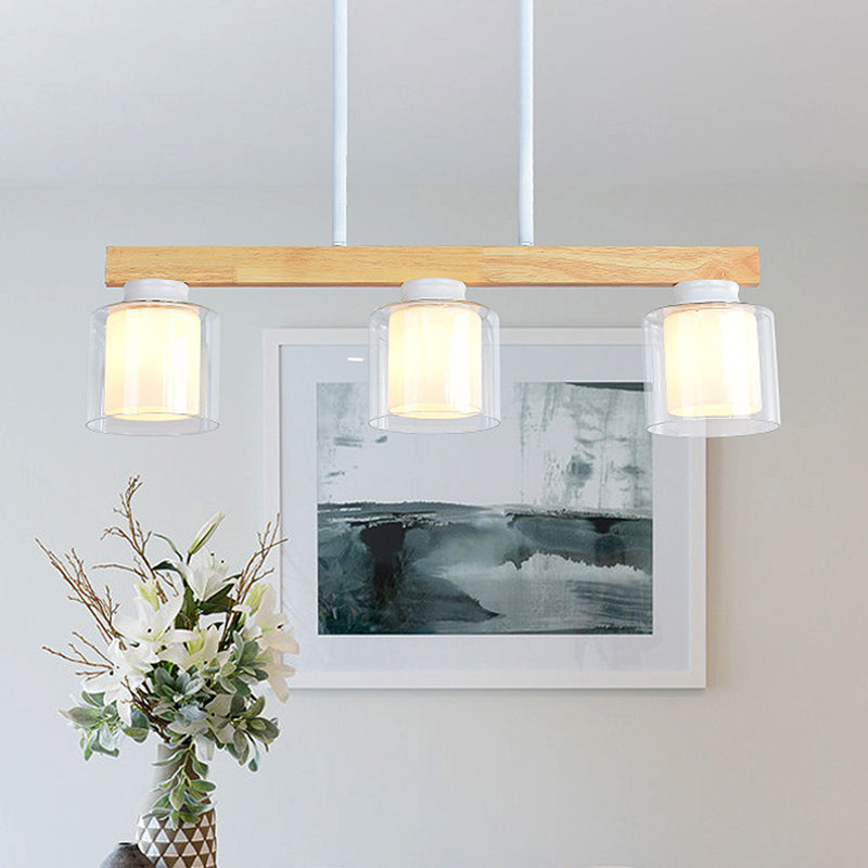 Nordic Linear Wood Island Light With White Glass Shades - 3/4 Heads Dining Room Hanging Lamp 3 /