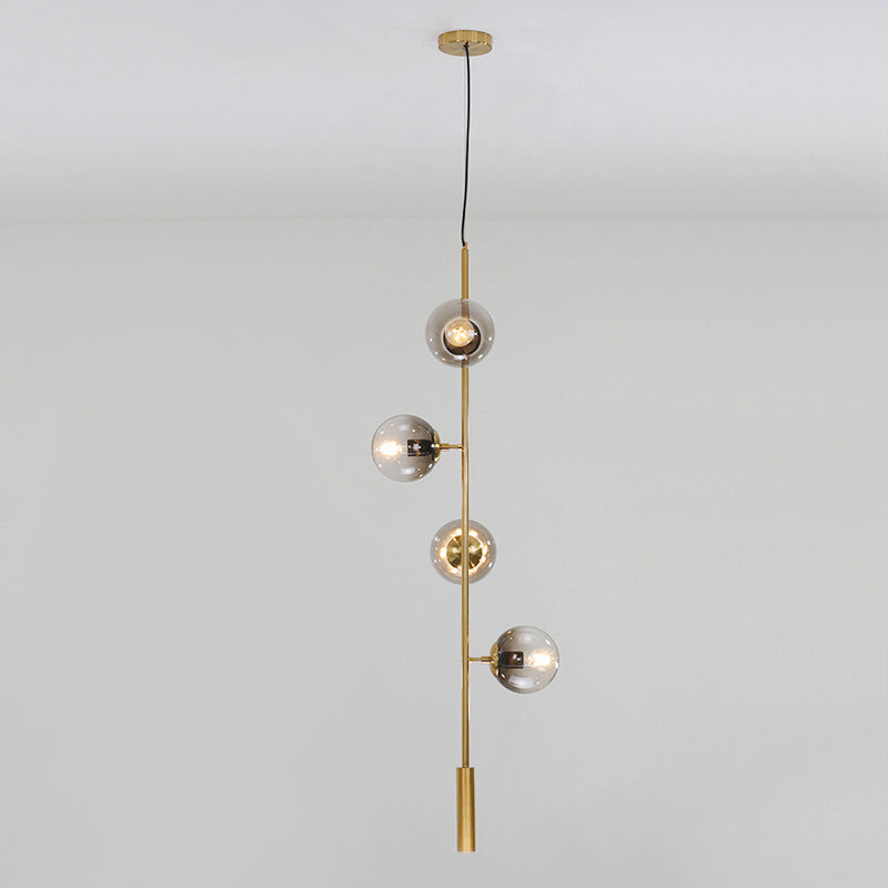 Modern Gold Linear Chandelier with Smoke Gray Glass Shades - 4-Light Metal Hanging Fixture