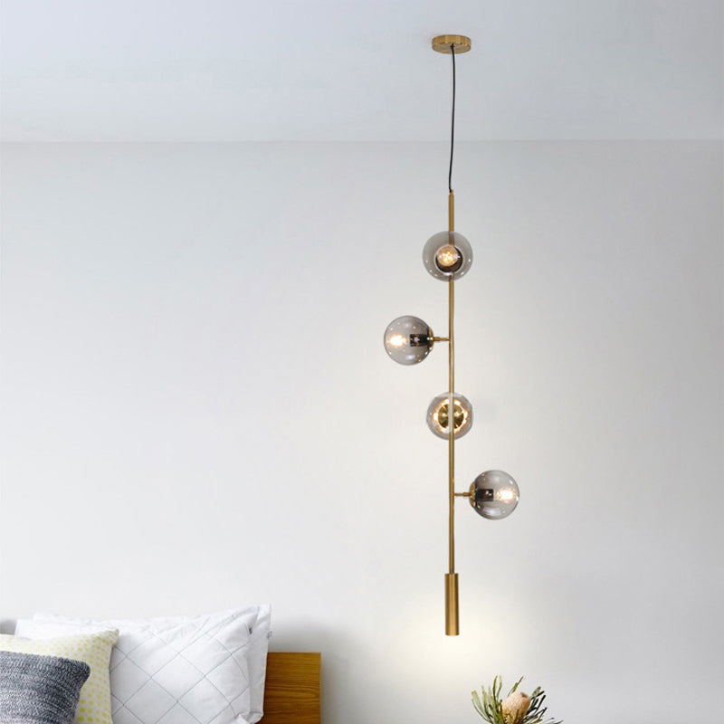 Modern Gold Linear Chandelier with Smoke Gray Glass Shades - 4-Light Metal Hanging Fixture