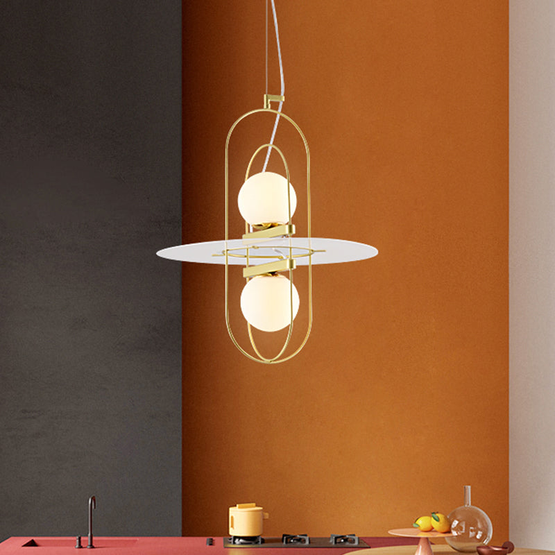 Designer Style White Glass Orb Chandelier: Elegant 2-Light Kitchen Hanging Lamp with Oval Frame Design