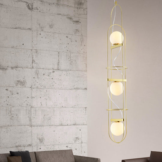 Modern Gold Chandelier Light: White Glass Sphere 3-Head Ceiling Pendant With Oval Metal Frame