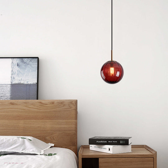 Macaron Amber/Green/Red Glass Bubble Pendant Light For Bedroom | 1-Head Ceiling Hanging Design