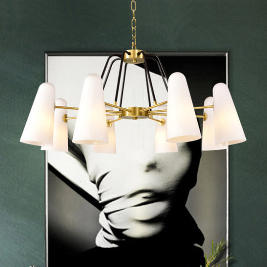 Opal Glass Hanging Lamp: Postmodern Cone Design, 6 Lights, Gold Chandelier