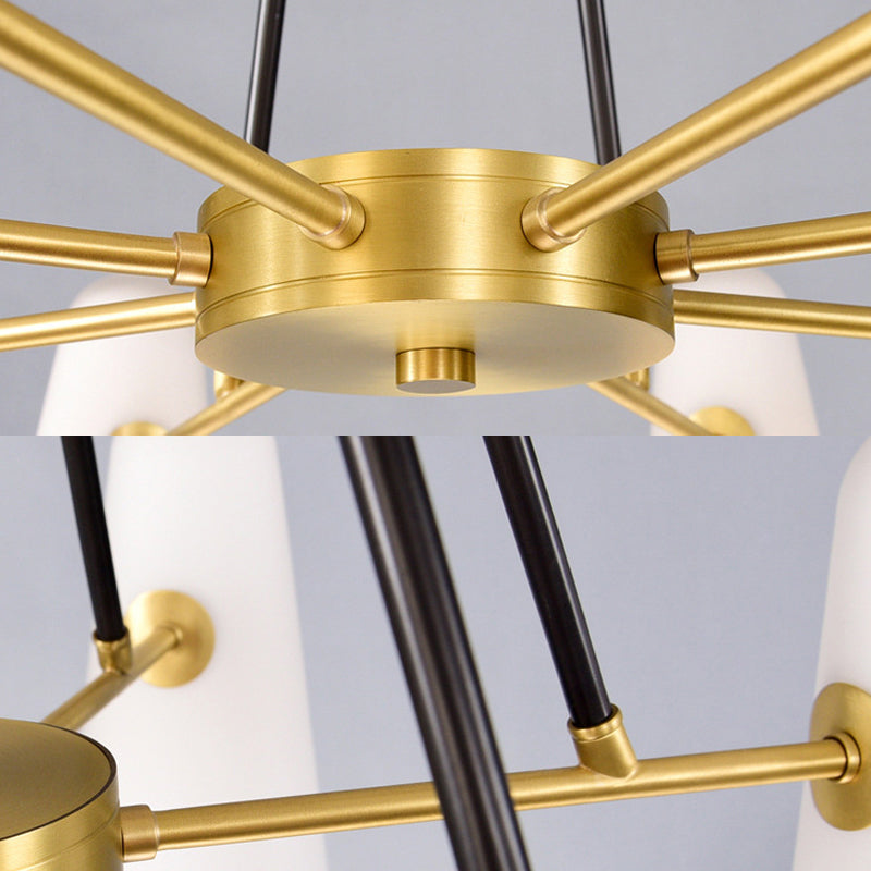 Opal Glass Hanging Lamp: Postmodern Cone Design, 6 Lights, Gold Chandelier