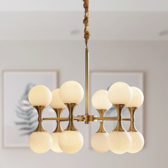 Postmodern Brass Globe Hanging Ceiling Light With Opal Glass Chandelier - 12/16 Heads