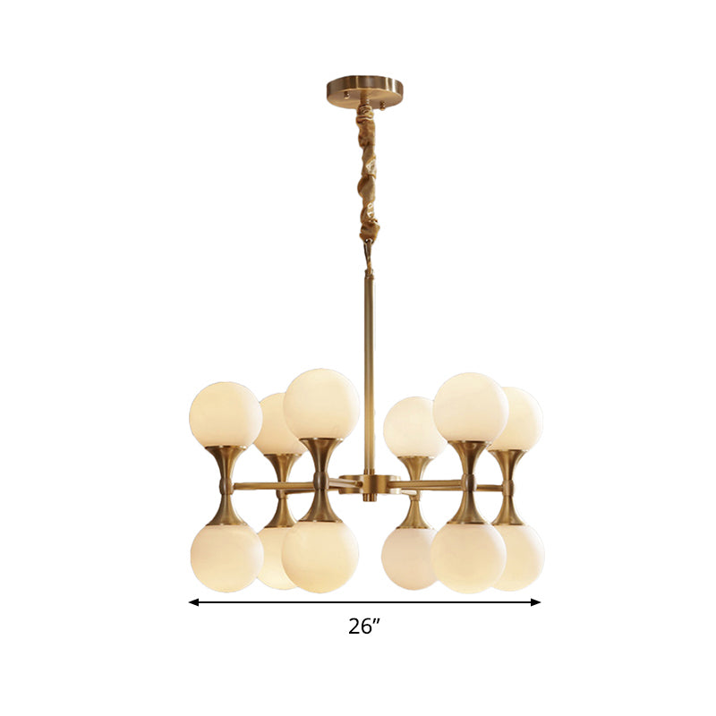 Opal Glass Chandelier Light with 12/16 Brass Globe Heads – Postmodern Ceiling Hanging Lamp