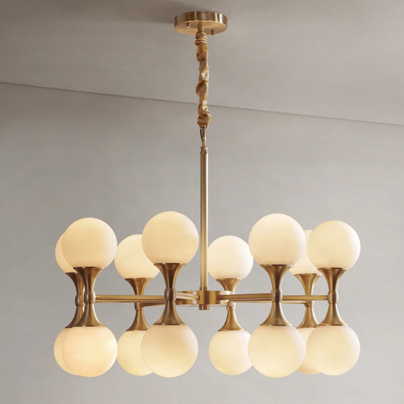 Postmodern Brass Globe Hanging Ceiling Light With Opal Glass Chandelier - 12/16 Heads